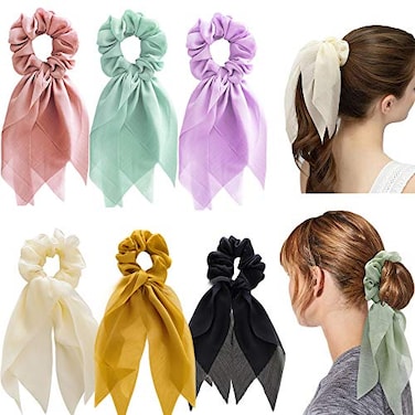 DINPREY Elegant Hair Accessories for Women Girls Versatile Scrunchies Bundle 8 Pcs Double Layer Hair Ties with Bunny Ear Design 6 Colors