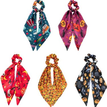 DINPREY 5 Pcs Halloween Scrunchies for Hair Halloween Hair Scarf Holiday Hair Scrunchies Silk Hair Scarfs with Ribbon Bow for Woman Girls Spider Ghost Pumpkin Elastic Hair Ties Ponytail Holder