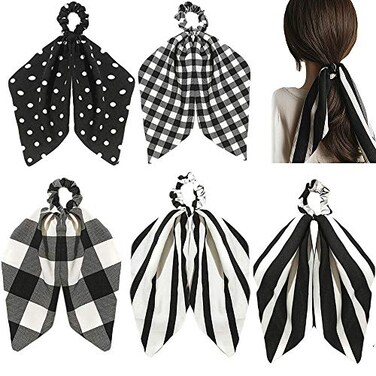 DINPREY Womens Scrunchies for Hair Black Yellow Scarf Scrunchies with Tail Stripe Plaid Elastic Hair Scarf 5 Count black white