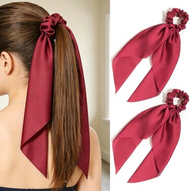 LFOUVRE Pack of 2 Knotted Bow Hair Scrunchies Elastic Hair Scarf Hair Ties Bands Satin Hair Ribbon Scrunchy Red Ponytail Holder for Women and Girls Hair Scarf Scrunchies Hair Accessories Burgundy