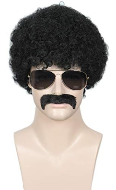 Linfairy Short 80s Costumes Mens Disco Dirt Bag Wig Moustache Halloween Cosplay Costume Curly Black Wig