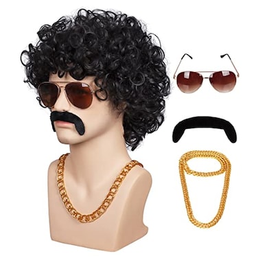 ColorGround 3Pieces Chain and Moustache and Short Curly Wig for 70S Disco Party Black 4 pieces set