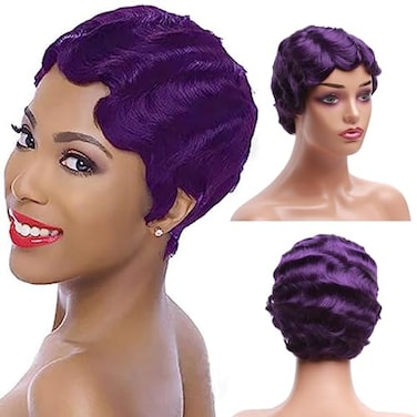 Sheila Beauty Short Wigs for Black Women Purple Finger Wave Wig Pixie Cut Curly Wavy Synthetic Hair