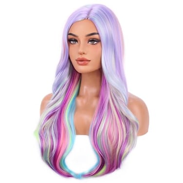 BERON RightOn Rainbow Wig Long Curly Wig MultiColor Wigs Charming Full Wigs for Cosplay Party or Daily Use Hairnet Included