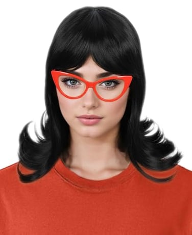 Codeven Short Black Flip Bob Wigs Halloween Costume Cosplay Wig for Women with Red Glasses Frame