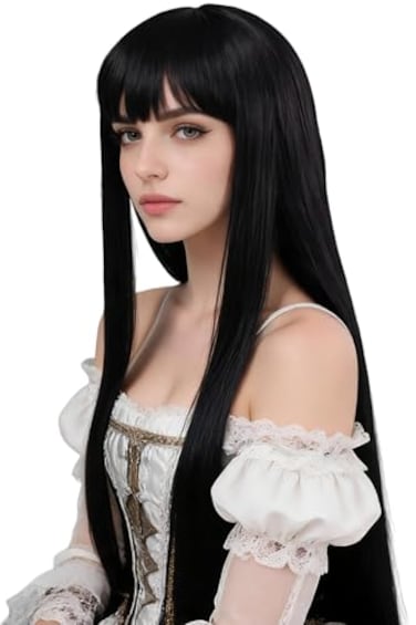LeMarnia Black Long Straight Bangs Wigs for Girls Halloween Costume Party Wig