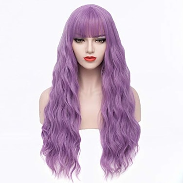 PATTNIUM Long Curly Wavy Wig with Bangs for Women Synthetic Halloween Cosplay Wig Lavender Purple
