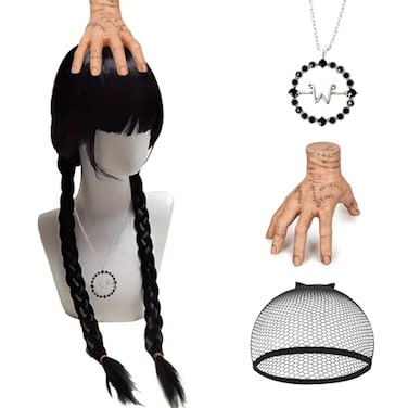 podafu PodaFu Long Straight Black Braided Wig with Bangs Halloween Party Wig Hand and Necklace Set for Costume Combination