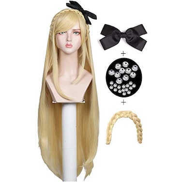 ColorGround Wig with Black Bow and Rhinestones for Cosplay and Cons Long Blonde
