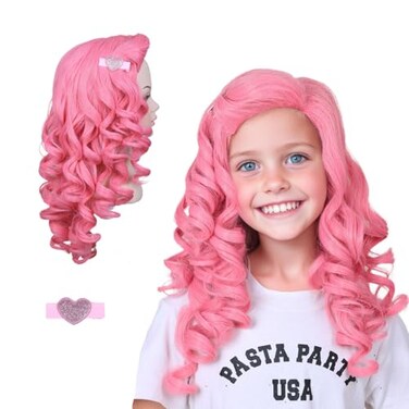 FantaLook Long Curly Pink Cosplay Wig with Hairpin for Halloween PartySmall Size