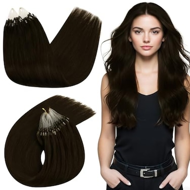 Ugeat Micro Loop Hair Extensions Human Hair Brown Micro Ring Hair Extensions Chocolate Brown Remy Human Hair Can Be Straightened or Curled Easily 16 Inch 50G 50S