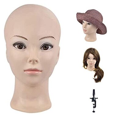 Ba Sha Bald Mannequin Head Beige Female Professional Cosmetology Manikin Doll head for Wigs Making Wig Display Hat Display Glasses Display with Free Clamp