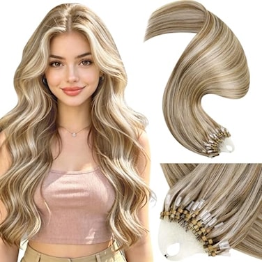 LaaVoo Micro Bead Hair Extensions Real Human Hair Highlight Micro Loop Hair Extensions Light Brown Highlighted with Platinum Blonde 50g 50s 22 Inch