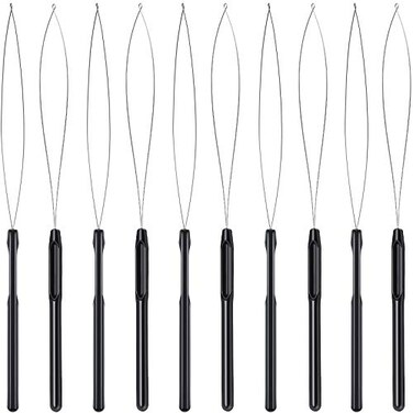 Zonon 10 Pieces Hair Extension Loop Needle Threader Pulling Hook Tool and Bead Device Tool Black Loop Threader for Hair or Feather Extensions Black