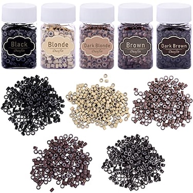 Duufin 2500 Pieces Hair Extensions Beads 50mm Micro Links Rings Silicone Lined Beads for Women Men Hair Feather Extensions Tool 5 Colors