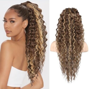 SEIKEA Ponytail Extension PT005 Isabella 26 Long Bohemian Curly Drawstring Ponytail Light Fluffy Multi Layered Clip in Hair Extensions Ponytail Natural Soft Synthetic Hairpiece ChocolateBrownBlonde