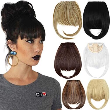 SLLIE 2PCS Clip in Bangs Hair Extensions 8 Thick Full Neat Fringe Hair Extension with Temples One Piece Clip on Front Bangs Hairpiece