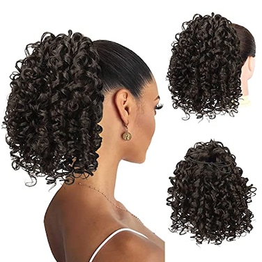 PEACOCO Curly Ponytail Extension Drawstring Ponytails for Black Women 10 Inch Pony Tail Clip on Ponytail Synthetic Short Afro Hairpiece for Daily Use2