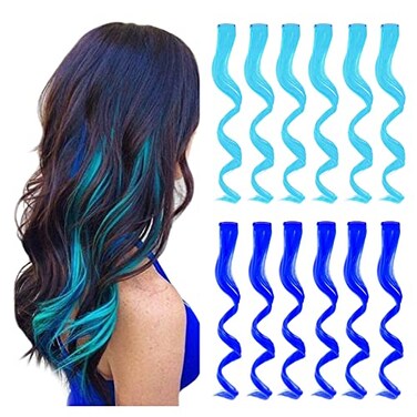 REDMENCO Colored Hair Extensions Clip In 12 Pieces 6 Blue 6 Teal Blue