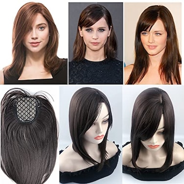 LesafeV Free Part One Piece Clip in Topper 35cm Super Soft Silk Base Head Forehead Wiglet With Bangs Straight Snythetic Replacement Dark Brown