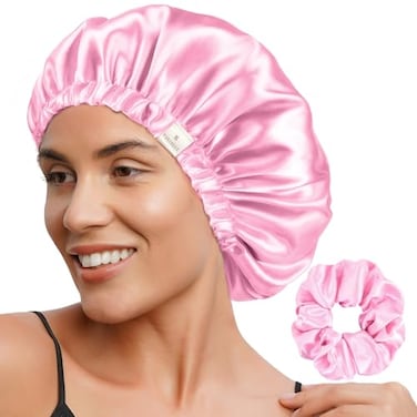 YANIBEST Adjustable Satin Bonnet Double Layer Hair Bonnet for Sleeping Bonnets for Women Hats Curly Natural Hair Pink