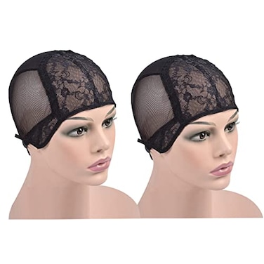 YTBYT 2 Pcs Black Double Lace Wig Caps with Adjustable Straps Swiss Lace Hairnet on the Back for Making Wig Black M