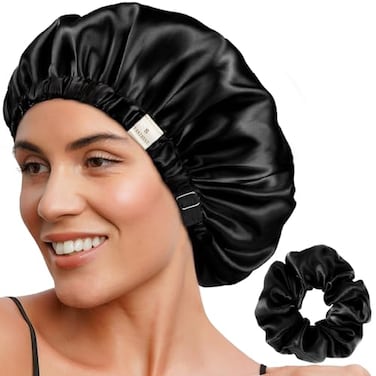 YANIBEST Adjustable Satin Bonnet Double Layer Hair Bonnet for Sleeping Bonnets for Women Hats Curly Natural Hair Black