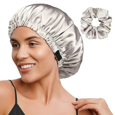 YANIBEST Adjustable Satin Bonnet Double Layer Hair Bonnet for Sleeping Bonnets for Women Hats Curly Natural Hair Ash Grey