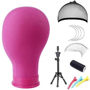 Monicass 22 Inch Canvas Block Head Pink Wig Head with Wig Stand Tripod Mannequin Head Stand for Wigs Trimming Making Display22 Inch Pink