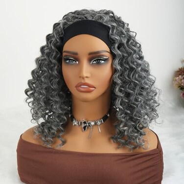 Aisaide Kinky Curly Headband Wig 12 Inch Grey Deep Curly Headband Wigs for Women Short Glueless No Lace Deep Curly Half Hair Wig