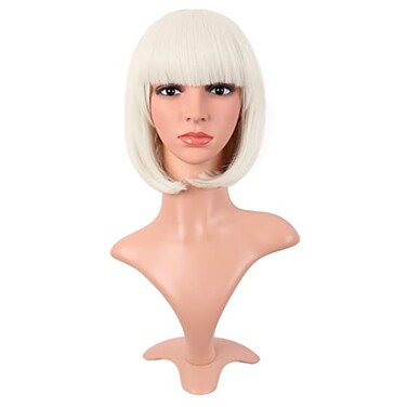 MapofBeauty 12 Inch 30 cm Fashion Lady Short Straight Synthetic Flat Bangs Bob Wig Platinum Blonde