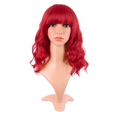 MapofBeauty 14 Inch35 cm Short Wavy Curly Women Fresh Bright Synthetic Ordinary Flat Bangs Bob Wig Bright Red