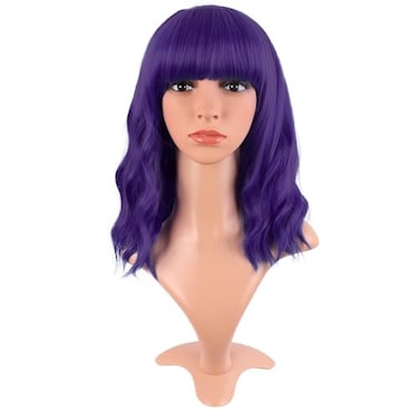 MapofBeauty 14 Inch35 cm Short Wavy Curly Women Fresh Bright Synthetic Ordinary Flat Bangs Bob Wig Dark Purple