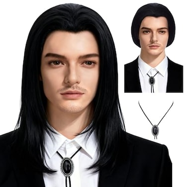 QACCF Mens 70s hippie Short Straight Black Vincent Vega Costume Wig with Widows Peak 1 Bolo Tie