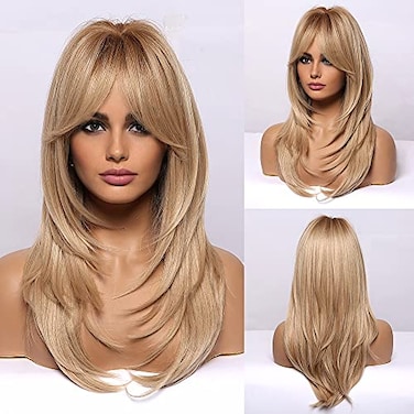 HAIRCUBE Long Layered Synthetic Hair Wigs for Women with Bang Mixed Light Blonde