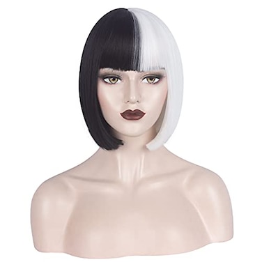 WeKen Black and White Wig Short Bob Half Black Half White Wig with Bangs for Women Cosplay Daily Party A Black White