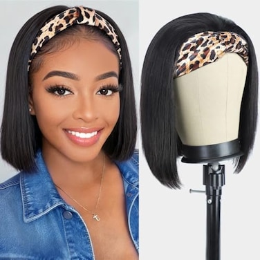 AISI Headband Wigs Human Hair Bob Headband Wig for Black Women with Leopard Print Headband Easy Put On and Go Glueless Wig Straight Wigs Machine Made 180 Density No Lace Wig Natural Color 10 Inch