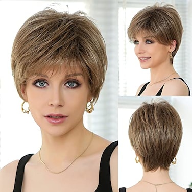HAIRCUBE Humanhair Like Texture Short Light Brown Pixie Cut Wigs for Women with Bangs Synthetic Replacement Wigs