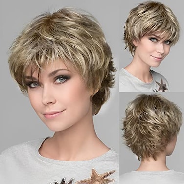 HAIRCUBE Humanhair Like Texture Blonde Mixed Offwhite Short Pixie Cut Wigs for Women with Bangs Synthetic Replacement Wigs