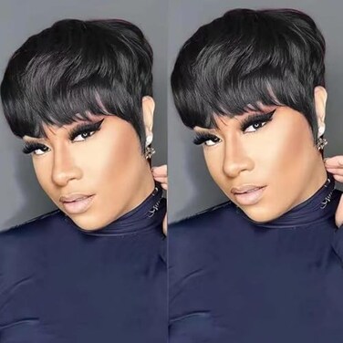 HOTKIS Pixie Cut Wig Human Hair Layered Cut Short Wigs for Black Women Natural Straight Short Pixie Wigs with Bang Glueless Black Hair Pixie Wig Machine Made Non Lace Cap 4 Inch