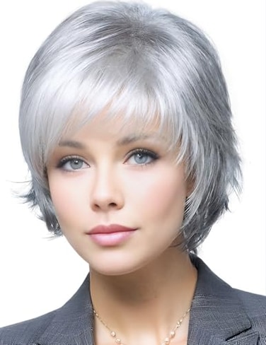 TISHINING Short Gray Pixie cut Wigs for White Women with Bangs Mixed Grey Layered Natural Wavy Synthetic Hair Replacement Wig for Daily Life