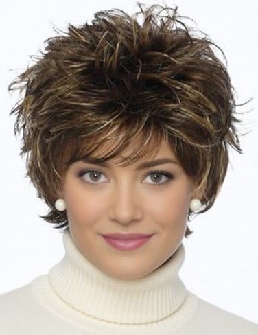 TISHINING Short Brown Mixed Blonde Highlight Pixie Cut Wigs for White Women Shaggy Layered Mixed Blonde Wavy Wig with Bangs Natural Looking Synthetic Hair Replacement Wig