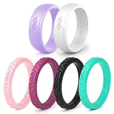 Rinfit Silicone Wedding Ring Sets Soft Stackable Thin Silicone Rings for Her Womens Rubber Wedding Rings SetJ Size 6