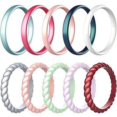 Zollen 10 Pack Silicone Wedding Rings for Women 3mm Metallic Color Thin Braided Rubber Wedding Bands Stackable Ring Hypoallergenic Silicone Size 7