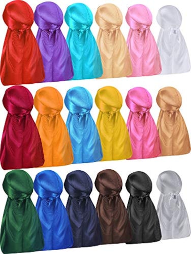 Geyoga 18 Pcs Silky Durag Headwraps Dorag for Men Women Waves Durags Pack with Long Tail and Wide Straps 18 ColorsMixed Color
