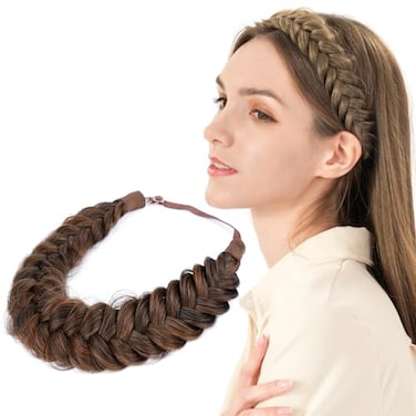BOBIYA Messy Wide 2 Strands Synthetic Hair Braided Headband Classic Chunky Hair Braid Elastic Stretch Braid Headbands for Women Girl Auburn
