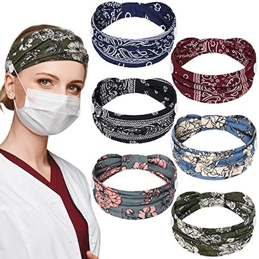 WILLBOND 6 Pieces Nursing Headbands with Buttons for Nurses Doctor Women Boho Bandana Headbands Wide Stretch Head Wraps Elastic Hair Bands for Face Covering Holder Ear Protection Retro Pattern