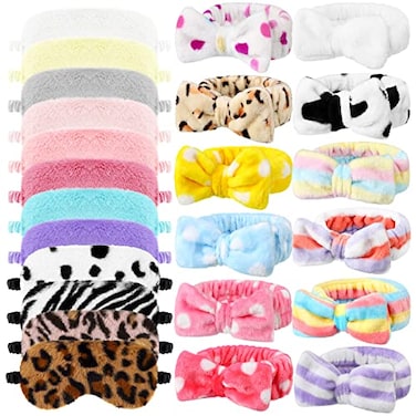 Newcotte 24 Pcs Sleepover Party Supplies 12 Plush Eye Masks 12 Hair Bands with Bows Faux Fur Headbands for Girls and Women Colorful Style