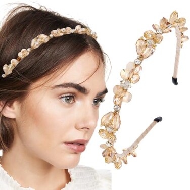 Firuilo Baroque Rhinestones Headbands Gold Thin Hairband Crystal Beaded Head Band for WomenGold