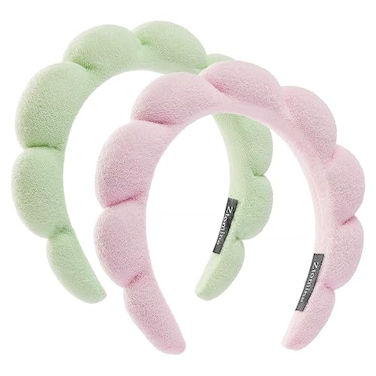 Ztomine Spa Headbands Set of 2 Terry Cloth Face Wash Headbands for Makeup Removal Mask Pink Light Green